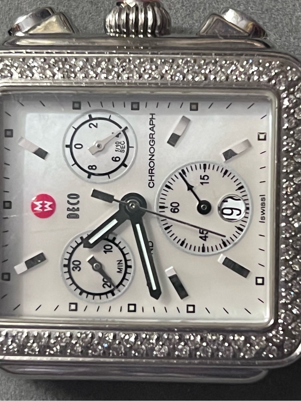 Michele White Dial Diamond-Trim Chronograph Watch